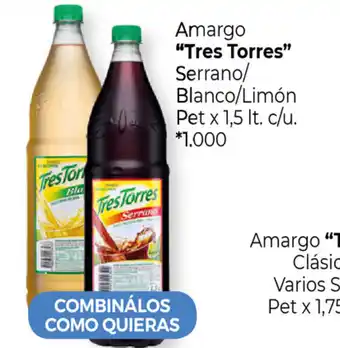 La Anonima "Tres Torres" Amargo Serrano/Blanco/Limón Pet x 1,5lt, c/u oferta
