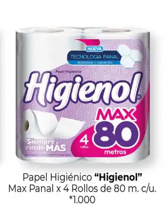 La Anonima "Higienol" Papel Higiénico Max Panal x 4 Rollos de 80m. c/u. oferta