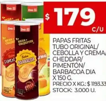 Supermercados DIA Papas Fritas Tubo Original/Cebolla Y Crema Cheddar/Pimentón/Barbacoa Dia x 150 g. oferta