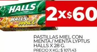 Supermercados DIA Pastillas Miel Con Menta / Menta Lyptus Halls x 28 g. 2x oferta