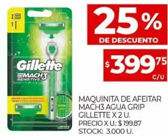 Supermercados DIA Maquinta de Afeitar Mach3 Agua Grip Gillette x 2 u. oferta