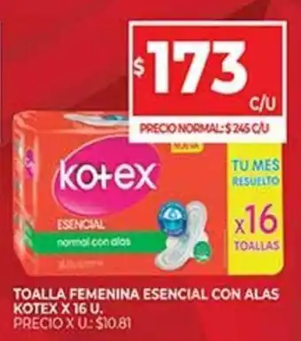 Supermercados DIA Toalla Femenina Esencial Con Alas Kotex x 16 U. oferta