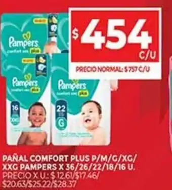 Supermercados DIA Pañal Comfort Plus P/M/G/XG/XXG Pampers x 36/26/22/18/16 U. oferta