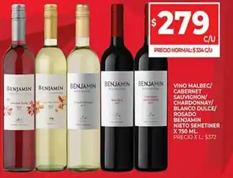 Supermercados DIA Vino Roble Malbec/Cabernet Sauvignon/Chardonnay/Blanco Dulce Rosado Benjamin Nieto Senetiner x 750 ml. oferta