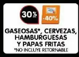 Gaseosas, cervezas, hamburguesas y papas fritas -30%