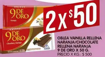 Supermercados DIA 9 De Oro Oblea Vainilla Rellena Naranja Chocolate Rellena Naranja 50g oferta