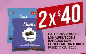 Supermercados DIA Galletitas Pepas De Los Alpes Scons Bañados Con Chocolate Dia 100g oferta
