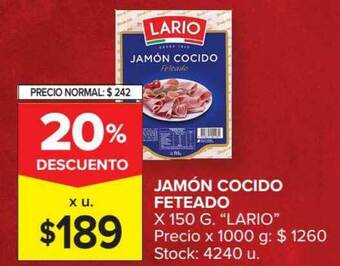Carrefour Jamón Cocido Feteado x 150 g Lario oferta