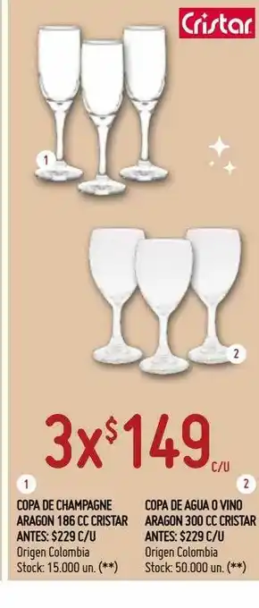 Walmart 3x Copa De Champagne Aragon 186 Cc Cristar / Copa De Agua O Vino Aragon 300 Cc Cristar oferta