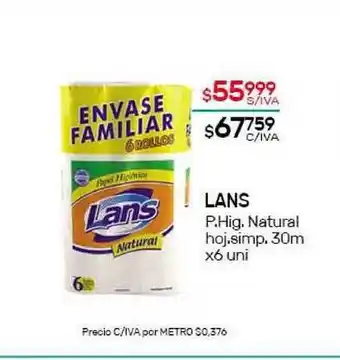 Nini Mayorista Lans Papel Higiénico Natural Hoja Simp. 30m x6 uni oferta