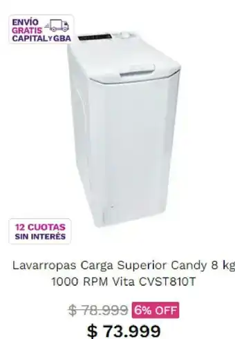 Frávega Lavarropas Carga Superior Candy 8kg 1000 RPM Vita CVST810T oferta
