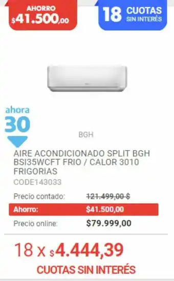 Musimundo Aire Acondicionado Split BGH BS135WCTF Frio/Calor 3010 Frigorias oferta