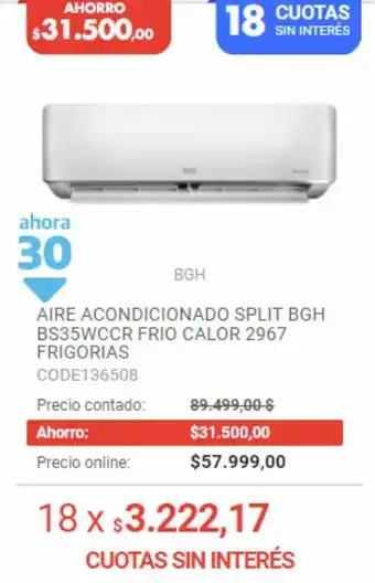 Musimundo Aire Acondicionado Split BGH BS35WCCR Frio Calor 2967 Frigorias oferta