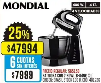 Coto Mondial batidora con 2 bowl b-04np oferta