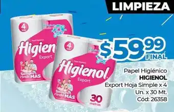 Diarco Higiénico Papel Higienol Export Hoja Simple 4 Un x 30Mt oferta