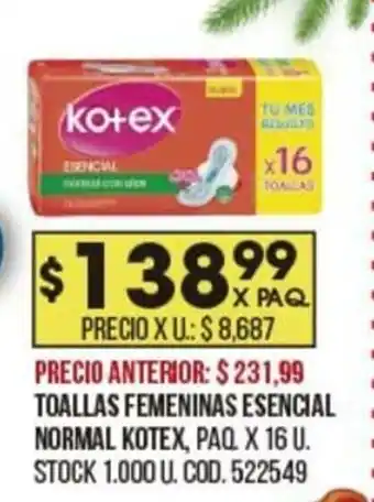 Coto Kotex Toallas Femeninas Esencial Normal x 16u oferta