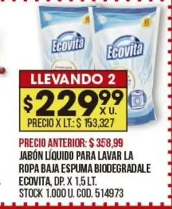 Coto Ecovita Jabón Líquido Para Lavar La Ropa Baja Espuma Biodegradale x 1,5lt oferta
