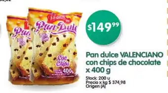 Supermercados Buenos Días Valenciano Pan delce con chips de chocolate x 400g oferta