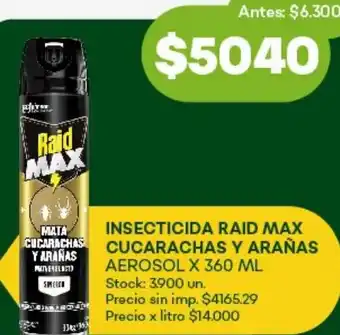 Super MAMI Raid insecticida max cucarachas y arañas oferta