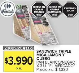 Carrefour El mercado sandwich triple miga jamón y queso oferta