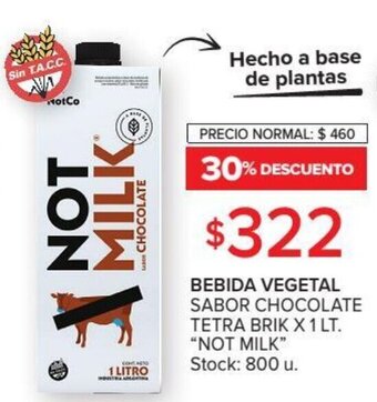 Carrefour Not Milk Bebida Vegetal Sabor Chocolate Tetra Brik x 1 Lt. oferta