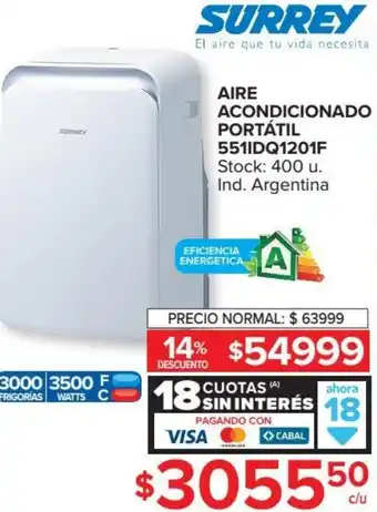 Carrefour Surrey Aire Acondicionado Portátil 551IDQ1201F 18 Cuotas Sin Interés oferta