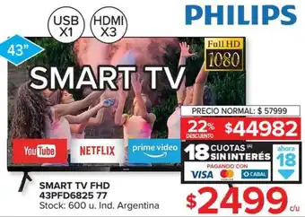 Carrefour Philips Smart TV FHD 43PFD6825 77 18 Cuotas Sin Interés oferta