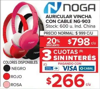 Carrefour Noga Auricular Vincha Con Cable NG-903 3 Cuotas Sin Interes oferta