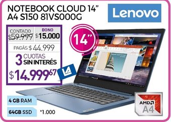 La Anonima Lenovo Notebook Cloud 14" A4 S150 81VS000G oferta