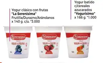 La Anonima "La Serenísima" Yogur clásico con frutas Frutilla/Durazno/Arándanos x 140g. c/u oferta