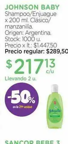 Farmacity Johnson Baby Shampoo Enjuague Clasico Manzanilla -50% En La 2da Unidad oferta