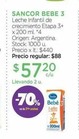Farmacity Sancor Bebe 3 Leche Infantil De Crecimiento Etapa 3+ -70% En La 2da Unidad oferta