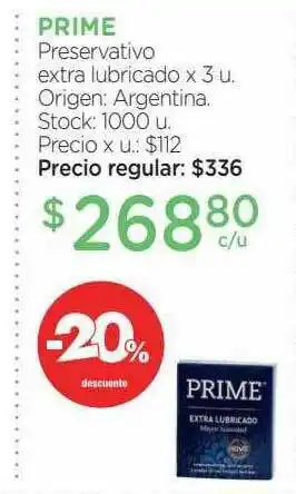 Farmacity Prime Preservativo Extra Lubricado -20% Descuento oferta