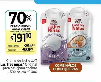 La Anonima Crema De Leche Uat Las Tres Niñas Original Para Batir Para Cocinar 70% De Descuento En La 2da. Unidad oferta