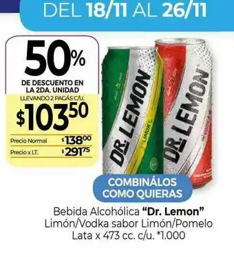 La Anonima Bebida Alcoholica Dr. Lemon Limon Vodka Sabor Limon Pomelo 50% De Descuento En La 2da Unidad oferta