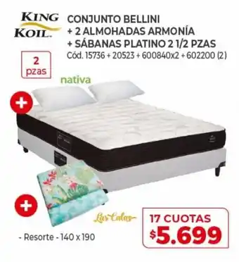 Naldo Lombardi King Koil Conjunto Bellini + 2 Almohadas Armonía + Sábanas Platino 2 1/2 Pzas 17 Cuotas oferta