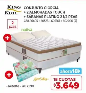 Naldo Lombardi King Koil Conjunto Giorgia+ 2 Almohadas Touch + Sábanas Platino 2 1/2 Pzas 18 Cuotas oferta