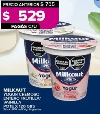 Carrefour Maxi Milkaut yogur cremoso entero frutilla/ vainilla pote oferta