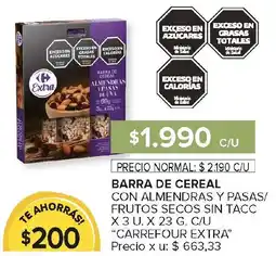 Carrefour Carrefour extra barra de cereal con almendras y pasas/ frutos secos sin tacc oferta