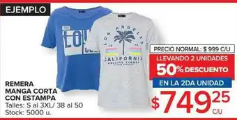 Carrefour Remera Manga Corta Con Estampa Llevando 2 U. Uniades 50% Descuento En La 2da Unidad oferta