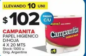 Carrefour Maxi Campanita Papel Higienico D/Hoja 4 x 20 Mts Llevando 10 Uni oferta