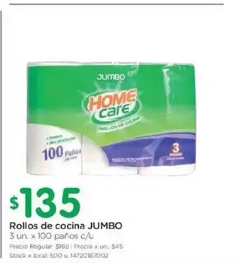Jumbo Rollos de cocina 3un x 100 paños c/u