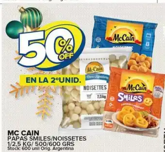 Carrefour Maxi 50% Off En La 2 Unid. Mc Cain Papas Smiles/Noissetes 1/2.5 Kg 500/600 Grs oferta