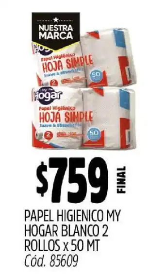 Supermercados Yaguar Papel Higiénico My Hogar Blanco 2 Rollos x 50 MT oferta