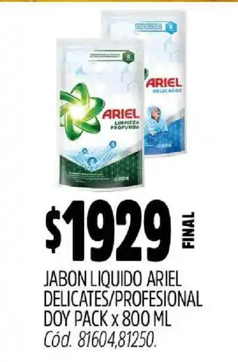Supermercados Yaguar Jabon Liquido Ariel Delicates/Profesional Doy Pack x 800 ml oferta
