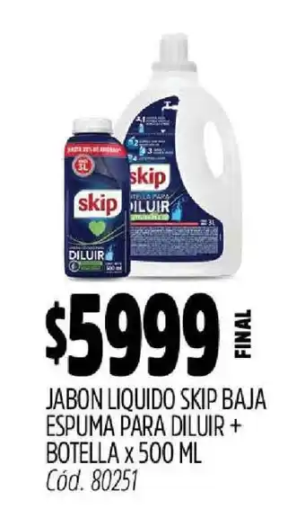 Supermercados Yaguar JABON LIQUIDO SKIP BAJA ESPUMA PARA DILUIR + BOTELLA x 500 ML oferta