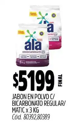 Supermercados Yaguar Jabón en Polvo Ala con Bicarbonato Regular/Matic x 3 kg oferta