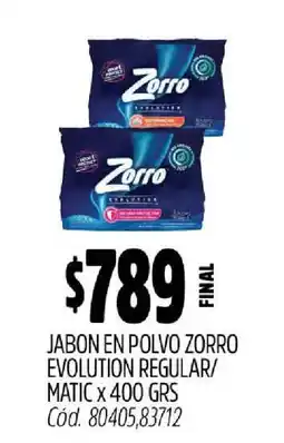 Supermercados Yaguar Jabón en Polvo Zorro Evolution Regular/Matic x 400 GRS oferta