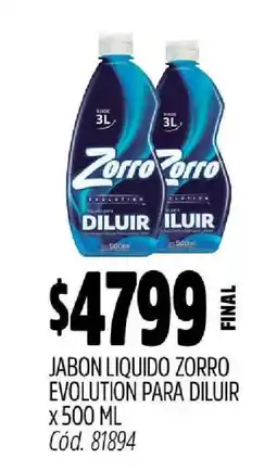 Supermercados Yaguar JABON LIQUIDO ZORRO EVOLUTION PARA DILUIR x 500 ML oferta