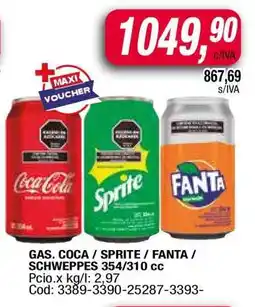 Maxiconsumo GAS. COCA / SPRITE / FANTA / SCHWEPPES 354/310 cc oferta